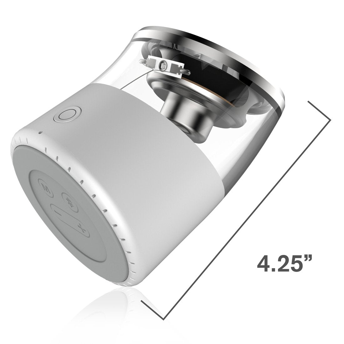 CLEARLY Amazing Wireless Bluetooth mini audio music speaker with clear passive bass chamber and crystal clear audio as small as a can of soda only 4.25 inches tall