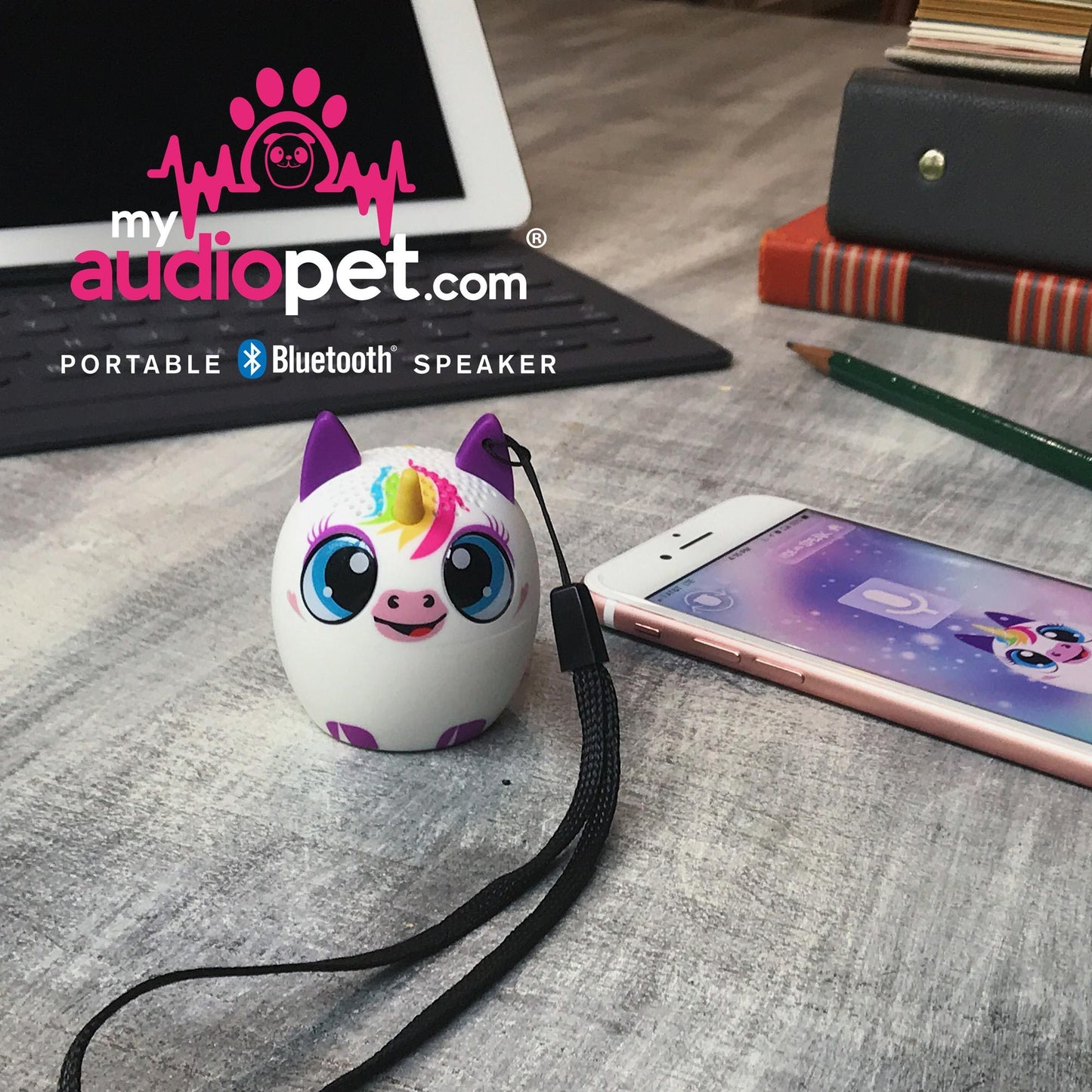 My Audio Pet UniChord Wireless Bluetooth Speaker with True Wireless Stereo Unicorn on lanyard, helping with School!