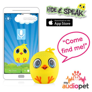 My Audio Pet Chick-a-dee-doo-dah Wireless Bluetooth Speaker with True Wireless Stereo Hide & Speak App available iTunes Google Play