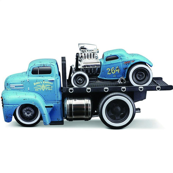 1950 Ford COE Flatbed + 1933 Ford 3W Coupe Muscle Machine Transport Collection 1:64 Scale Diecast Replica Model by Muscle Machines